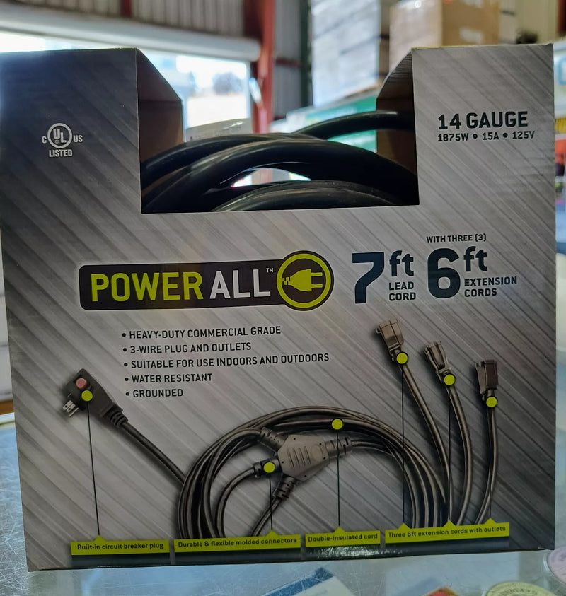 Powerall Heavy Duty Indoor/Outdoor Extension Cord with 3 Extensions